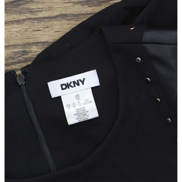 NWT DKNY Womens Short Sleeve Leather Detail Flare Sheath Dress DD3J1489 Black 10 - Picture 8 of 11